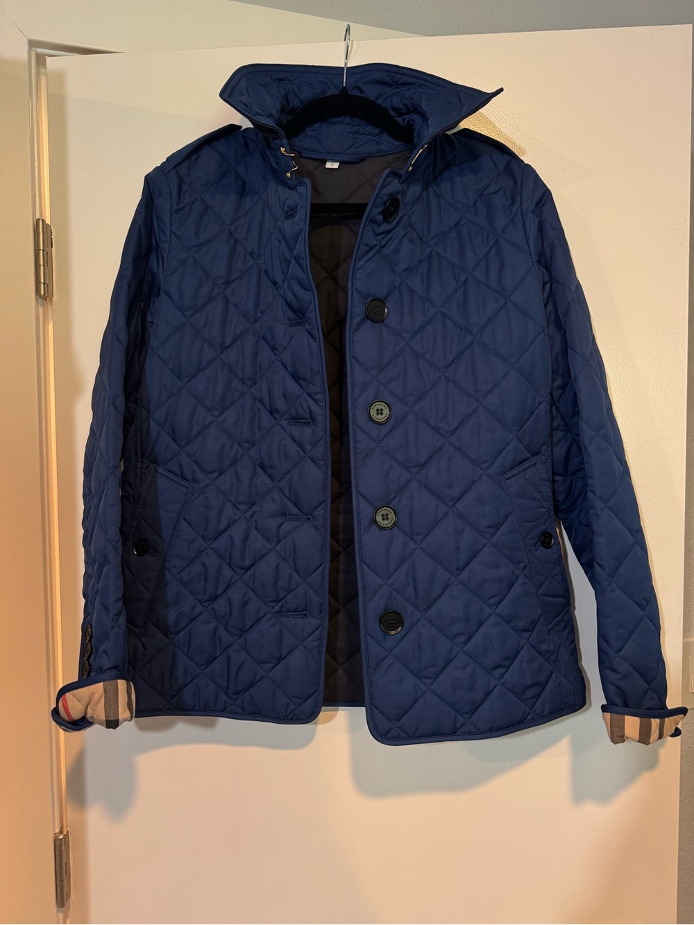 Burberry London England Blue Diamond Quilted Jacket Check Cuffs Size L (fits lik